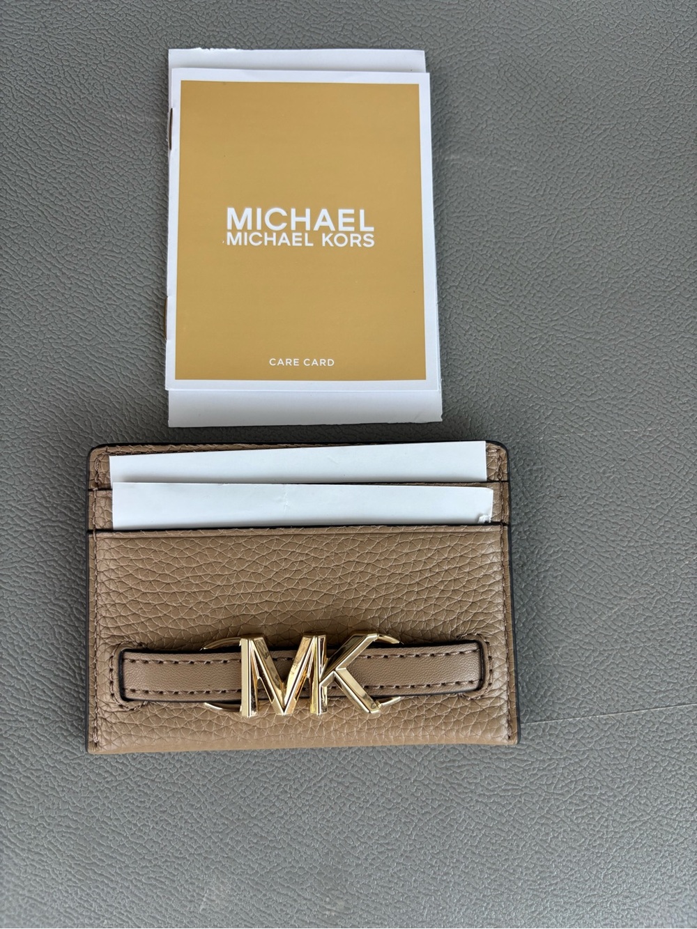 Michael Kors Camel Pebbled Leather Card Case with Gold MK Emblem